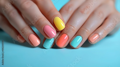 Female hands with a beautiful pastel color nail design on a plain background Ideal for beauty  fashion  and nail art presentations Isolated with ample copy space