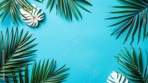  Palm leaves arrangement on a tranquil blue backdrop Inscribe here