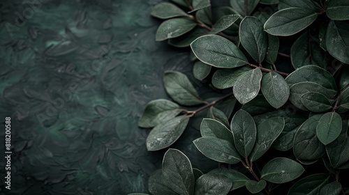  A tight shot of a lush plant against a dark green backdrop, featuring an array of leaves on its left side