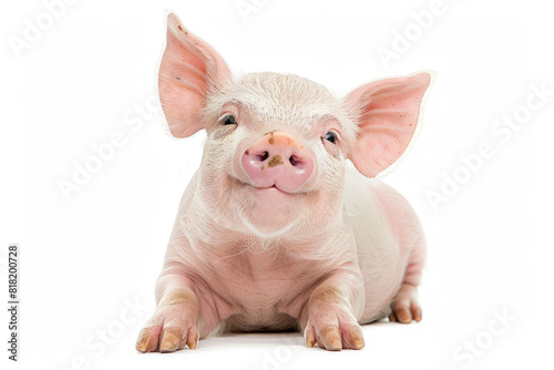 A piglet with a wide smile  looking joyful  isolated on a white background