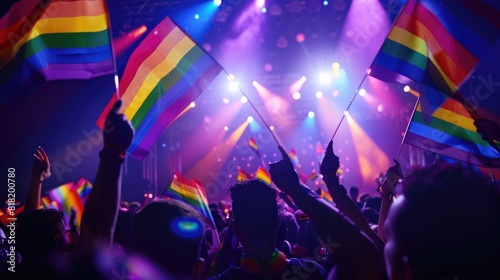 Wallpaper Mural A lively pride event featuring a stage with performers and attendees waving rainbow flags, illuminated by powerful stage lights. Torontodigital.ca