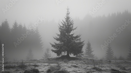 A monochrome image of a fog-shrouded forest featuring a solitary tree in the foreground and a handful of pine trees in the background