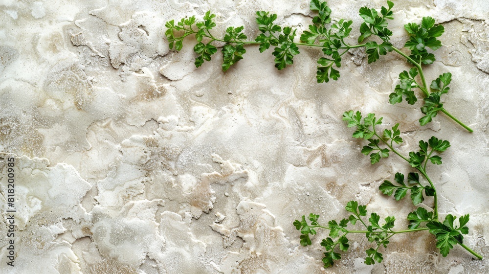 A tight shot of verdant leaves in clusters against a pristine white marble backdrop, with a gentle trickle of water cascading down its side A tight shot of verdant leaves in clusters against a pristine white marble backdrop, with a gentle trickle of water cascading down its side