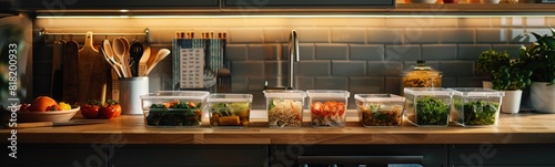 Many containers of food on the counter in the kitchen, food background 