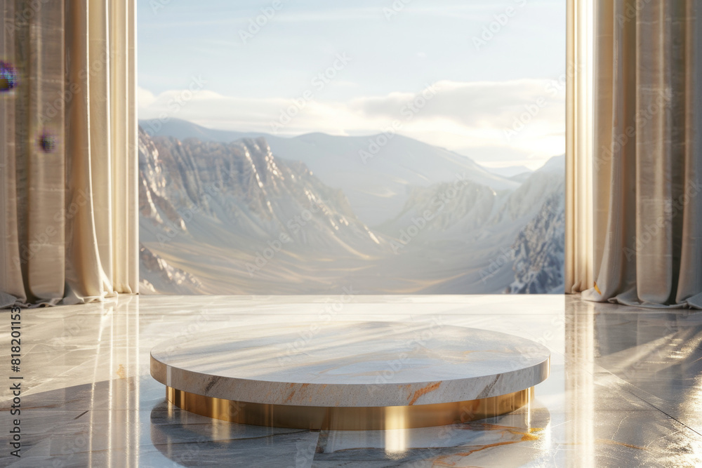 A round marble pedestal with a golden frame on the floor of an empty room, a window showing mountains in the background A round marble pedestal with a golden frame on the floor of an empty room, a window showing mountains in the background