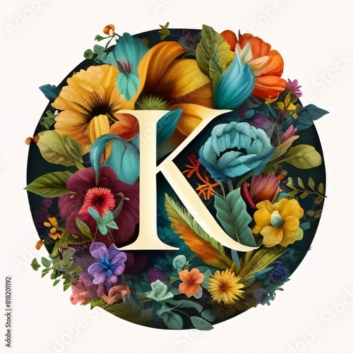 Floral alphabet. Letter K made of colorful flowers and leaves.