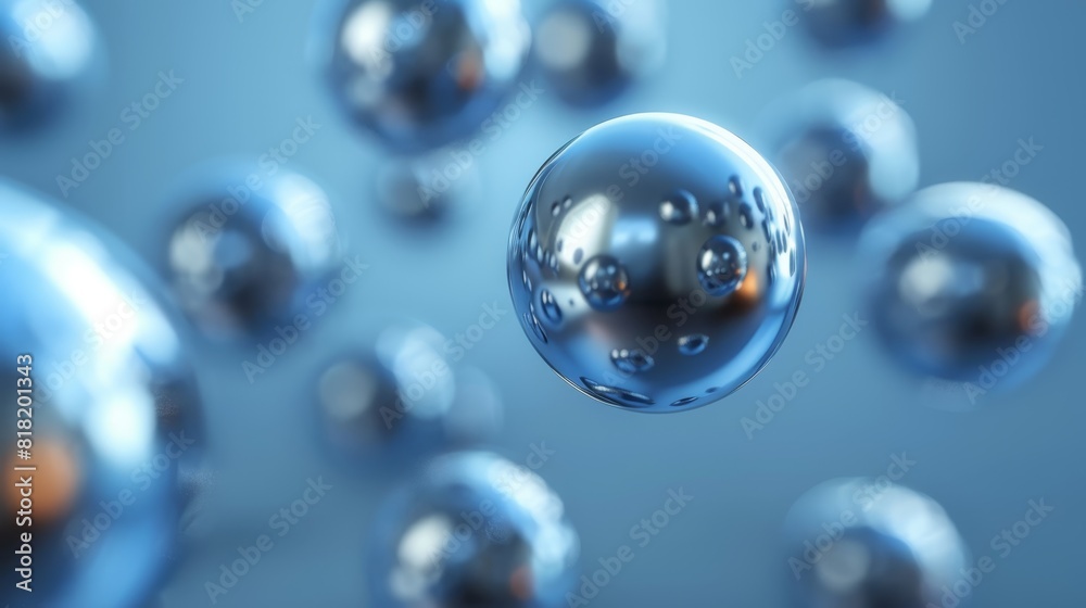  A group of radiant blue spheres hover against a backdrop of deep blue, interspersed with a few bubbles in the center