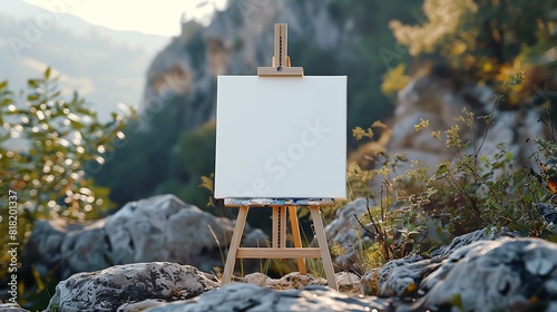 Mockup of a white canvas on a wooden easel standing on cliff rocks outdoors