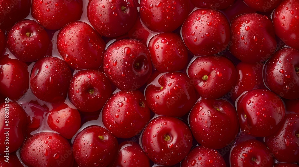 A plethora of red apples, adorned with water droplets, some centrally positioned in the frame A plethora of red apples, adorned with water droplets, some centrally positioned in the frame