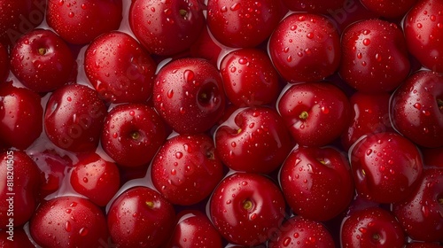  A plethora of red apples, adorned with water droplets, some centrally positioned in the frame