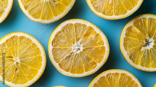  A collection of sliced lemons on a blue-and-white countertop, one halved