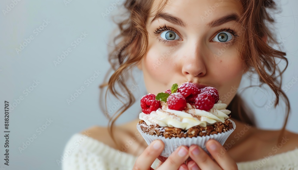 Person feigning surprise while enjoying a delicious dairy dessert, capturing joy and indulgence Perfect for lifestyle and food themes Isolated with ample copy space