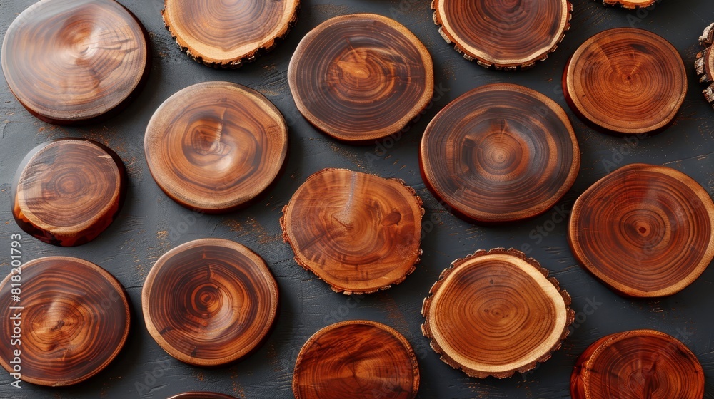 A collection of wood slices arranges atop a darkened wooden table, adjoining one another A collection of wood slices arranges atop a darkened wooden table, adjoining one another