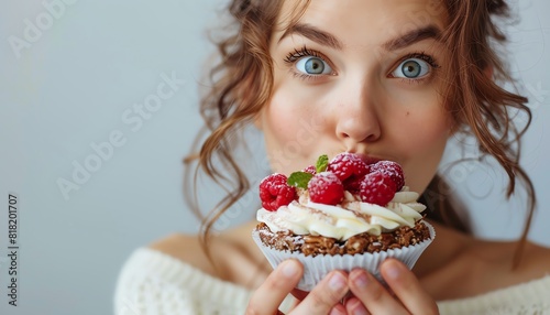 Person feigning surprise while enjoying a delicious dairy dessert  capturing joy and indulgence Perfect for lifestyle and food themes Isolated with ample copy space