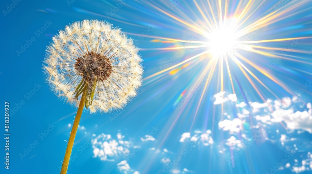  A dandelion drifts in the wind against a backdrop of a vivid blue sky In the foreground, a radiant sunburst unfurls