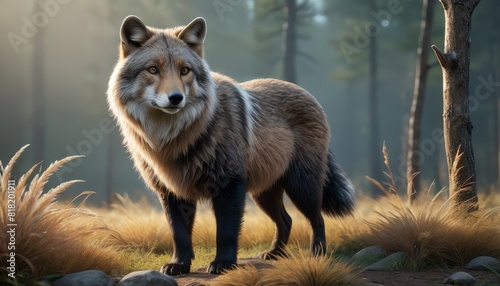 A highly detailed  realistic depiction of a fox standing alert in a misty forest environment  highlighted by soft morning light.