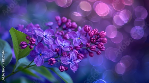  A group of purple flowers atop a verdant, leafy plant Background features soft bokeh of light