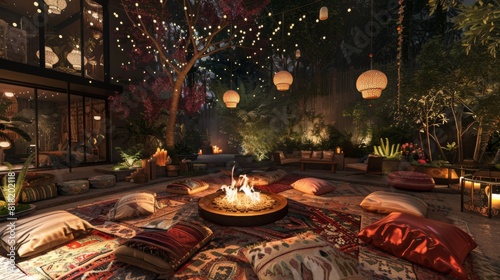 A tranquil outdoor setting featuring people gathered around a fire pit in a lush garden adorned with string lights and cozy cushions. Perfect for a relaxed evening with friends or family.