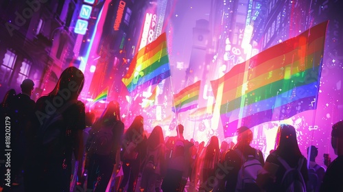 A peaceful protest for LGBT rights with transgender people holding rainbow flags  set against a backdrop of glowing  colorful lights.