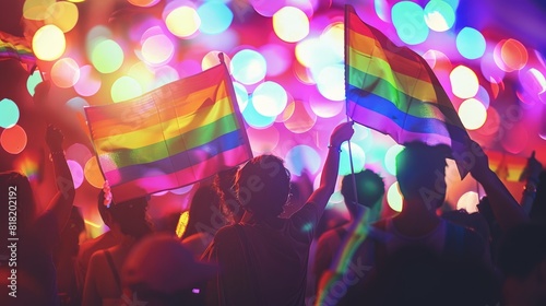A peaceful protest for LGBT rights with transgender people holding rainbow flags, set against a backdrop of glowing, colorful lights.