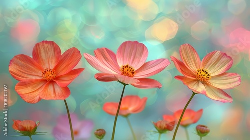  A collection of pink blooms arranged together against a backdrop of blue and green  softly blurred behind them