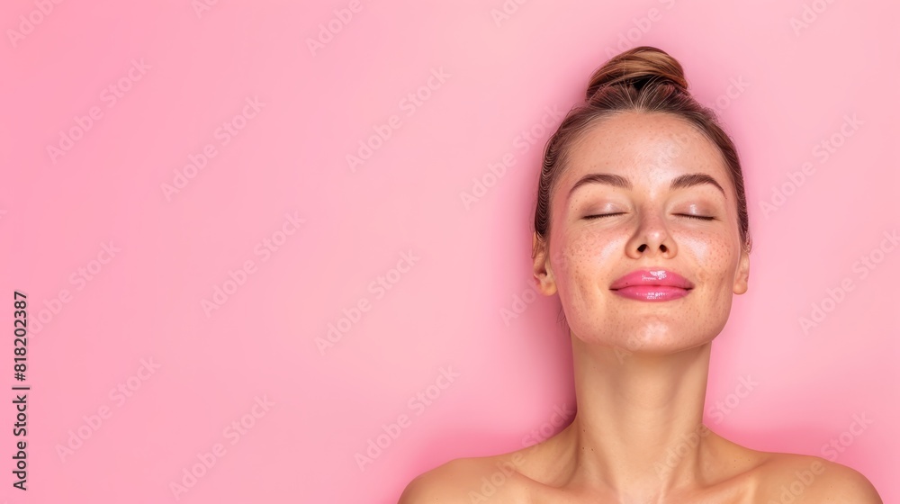 A woman with her eyes closed in front of a pink background A woman with her eyes closed in front of a pink background