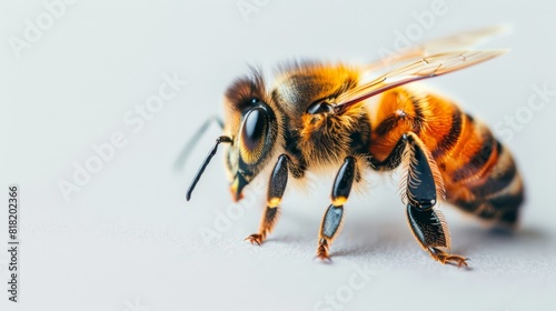  A tight shot of a bee against a pristine white backdrop, with the rear portion softly blurred