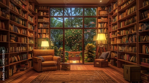 A warm  inviting home library at dusk  filled with books  comfortable chairs  and a serene garden view through large glass doors.