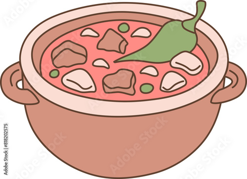 Beef Goulash Soup Pan. Colorful kawaii hand drawn vector illustration of German cuisine
