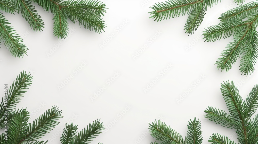 A pristine fir tree branch against a crisp white backdrop - text or image insertion point A pristine fir tree branch against a crisp white backdrop - text or image insertion point