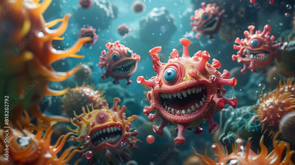 Capture the humorous interaction between cartoonish bacteria and viruses with grimaces Capture the humorous interaction between cartoonish bacteria and viruses with grimaces