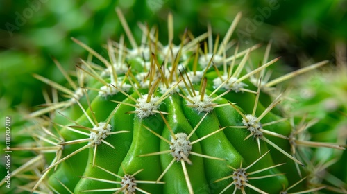  A tight shot of a green cactus with numerous small  white dot-like structures in its central region and characteristic spines