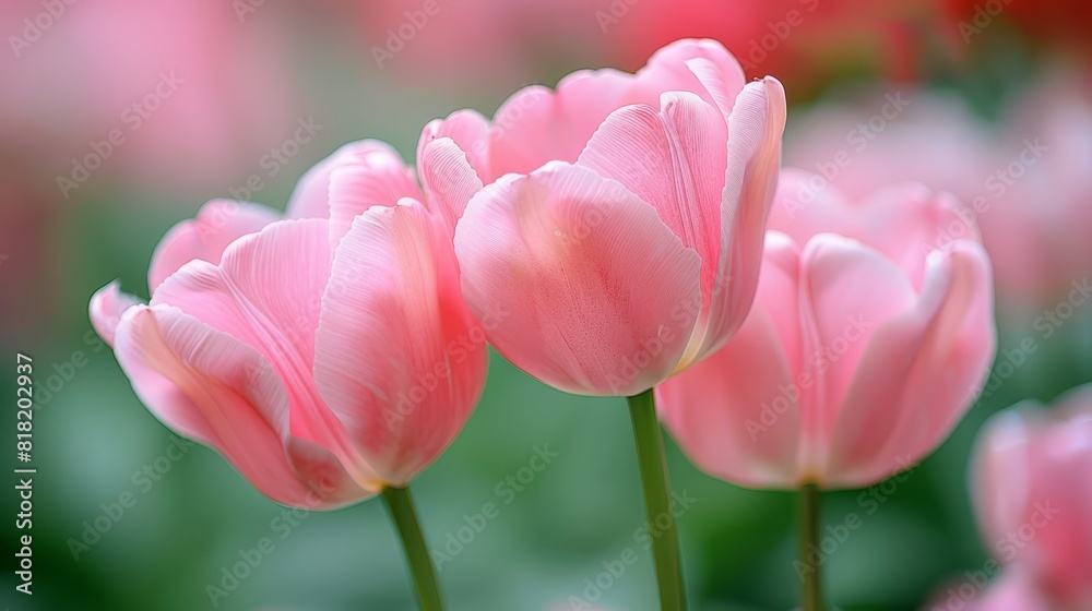 A blurred backdrop of red and pink tulips fields, with a distinct group of pink blooms at the forefront A blurred backdrop of red and pink tulips fields, with a distinct group of pink blooms at the forefront