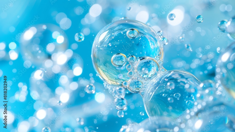  A cluster of bubbles floating above blue water teeming with numerous smaller bubbles