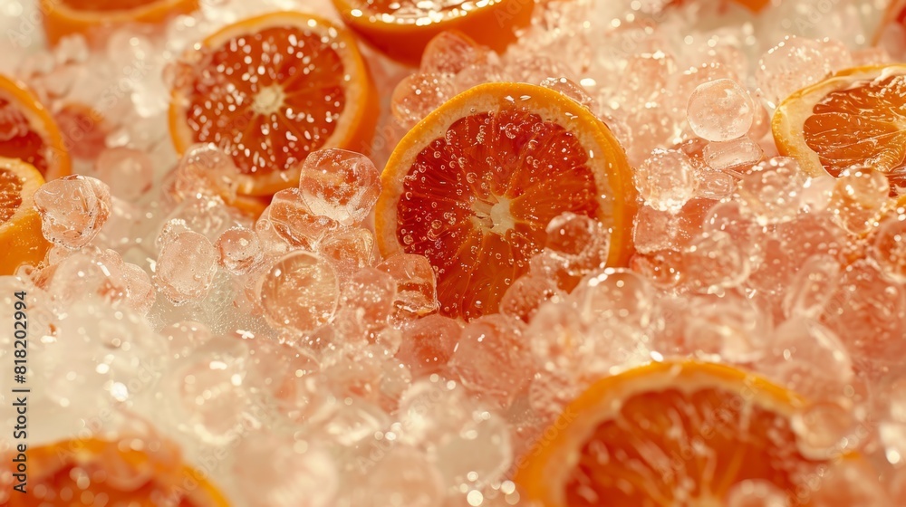 A pile of oranges atop an ice-covered pile, garnished with orange slices and pieces A pile of oranges atop an ice-covered pile, garnished with orange slices and pieces
