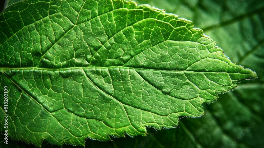 A close-up of a green leaf dotted with water droplets lies in the foreground A close-up of a green leaf dotted with water droplets lies in the foreground