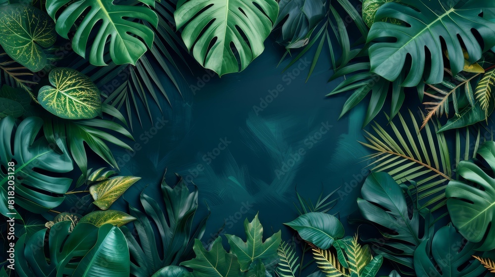 Green tropical leaves against a dark blue backdrop Text space in image center Green tropical leaves against a dark blue backdrop Text space in image center