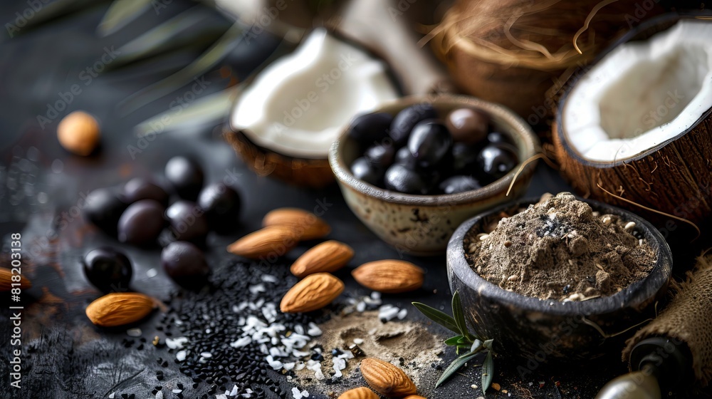A bowl of almonds, coconut and other ingredients. A bowl of almonds, coconut and other ingredients.