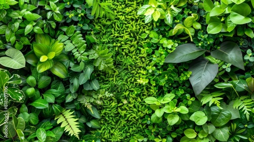 A tight shot of a lush green wall adorned with plants cascading from its sides, and leaves densely populating the opposite surface photo