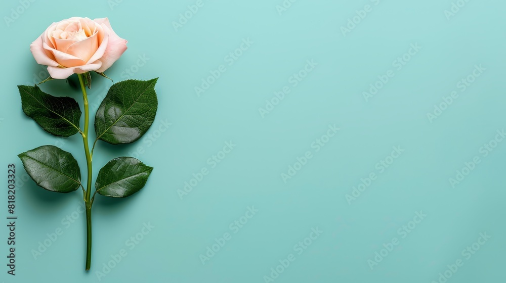 A pink rose atop a green branch against a light blue backdrop, surrounded by leaves A pink rose atop a green branch against a light blue backdrop, surrounded by leaves