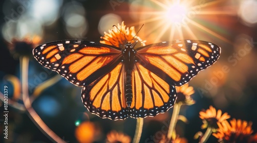  A tight shot of a butterfly atop a bloom against a backdrop of sunny, blurred surroundings