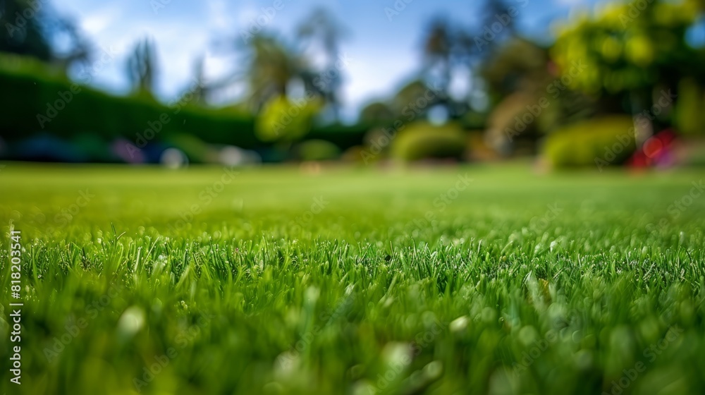 A close-up of a field of grass with a blue sky and trees in the background The blue sky dominates the mid-background A close-up of a field of grass with a blue sky and trees in the background The blue sky dominates the mid-background