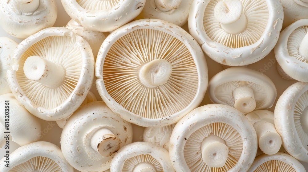 A tight shot of several mushroom halves, suggestively consuming from an equal portion of others A tight shot of several mushroom halves, suggestively consuming from an equal portion of others
