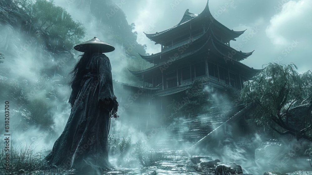 A robotic Zhong Kui, hunting demons in a cybernetic realm, his digital scroll displaying captured spirits A robotic Zhong Kui, hunting demons in a cybernetic realm, his digital scroll displaying captured spirits