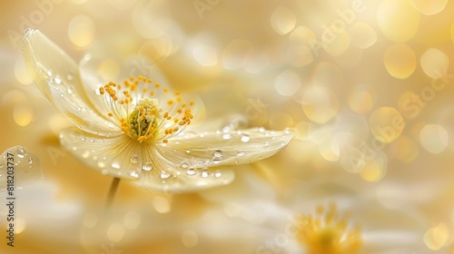  A close-up of a white flower with dewdrops on its petals against a light yellow backdrop  adorned with white and yellow bouquet dots