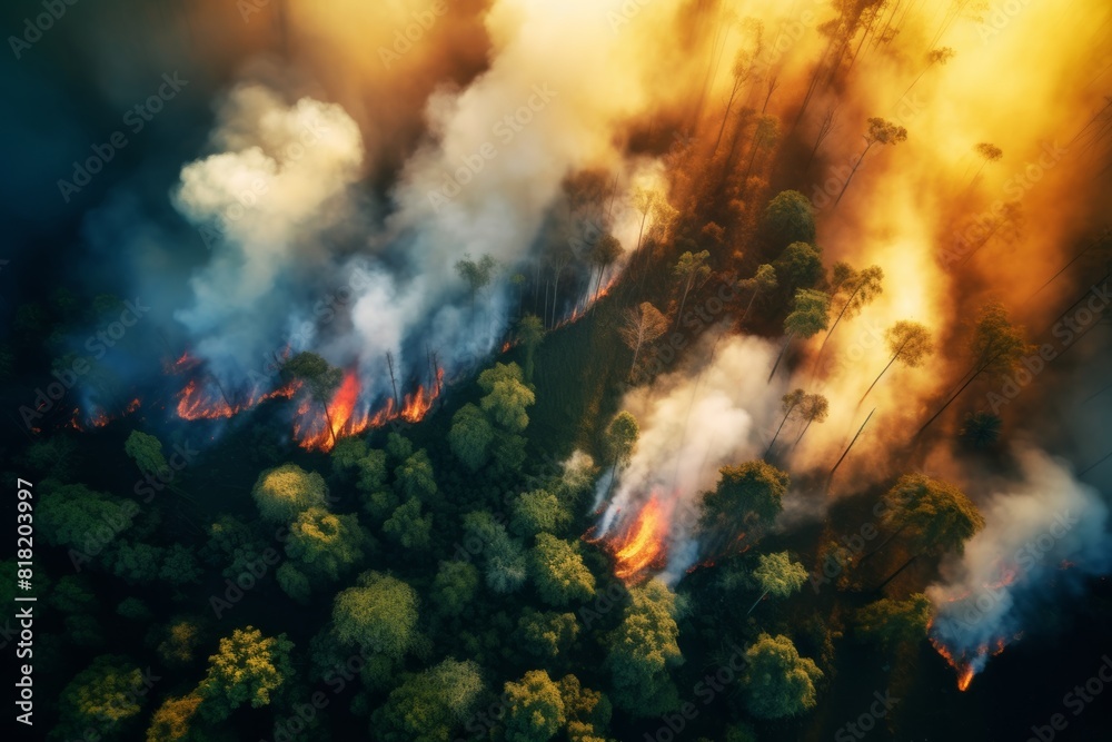 Fototapeta premium a lush forest burning seen from a drone . Wide view.