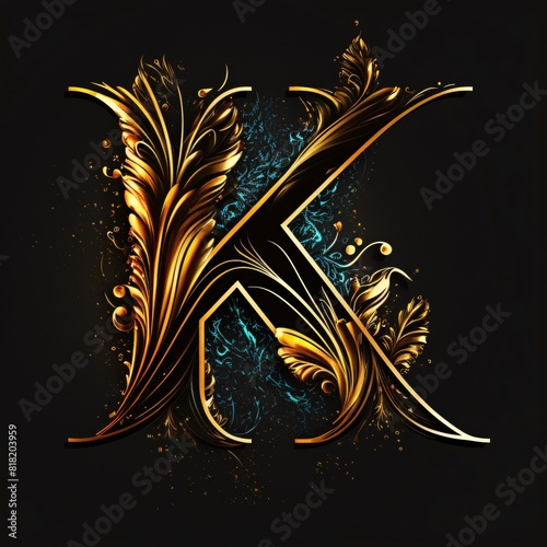 Luxury letter K with floral ornament in gold and blue.
