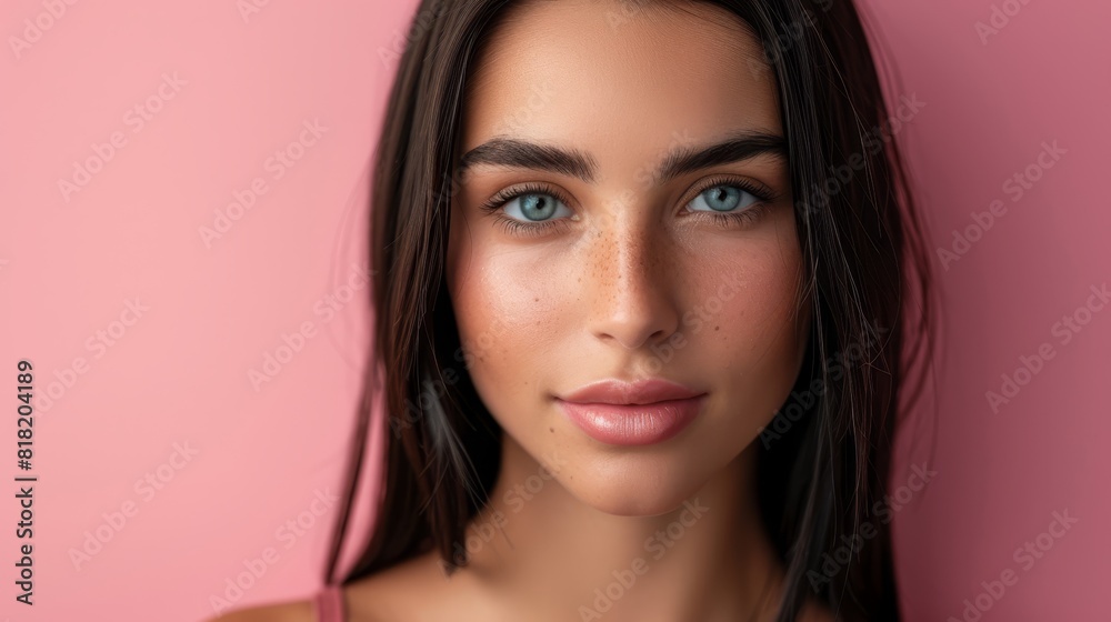 A tight shot of a woman's freckled face, her blue eyes gazing directly at the camera, set against a backdrop of soft pink The scene is further accentuated by A tight shot of a woman's freckled face, her blue eyes gazing directly at the camera, set against a backdrop of soft pink The scene is further accentuated by