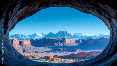  Through a hole in a rock formation, behold a mountain range view A valley and distant mountains lie ahead, framed by the sky's tranquil blue