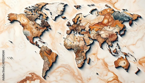 A world map in a full-frame 16_9 landscape ratio  depicted in authentic Italian marble style with true colors. The map features realistic textures 